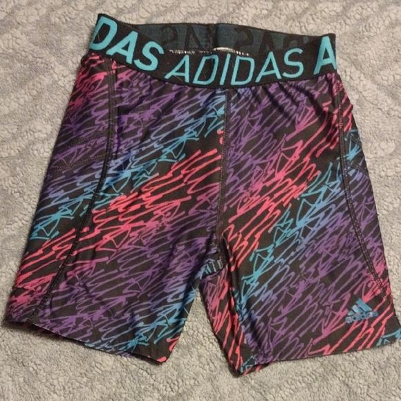 adidas Other - adidas Black Compression Shorts with Purple, Teal & Coral Scribble Print